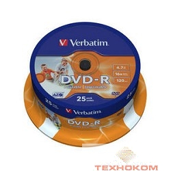 Verbatim  Диск DVD-R  4,7Gb 16x Cake Box Printable (25шт) (43538)