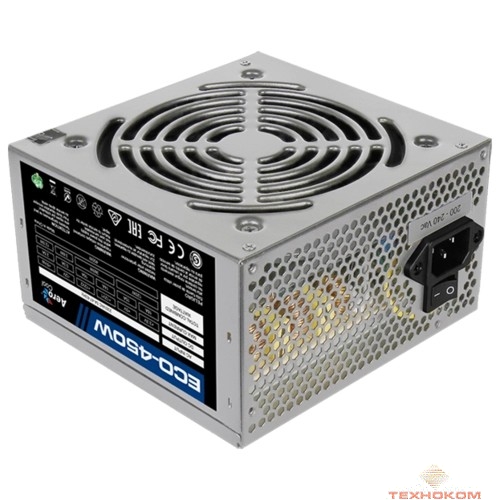 Aerocool 450W Retail ECO-450W ATX v2.3 Haswell, fan 12cm, 400mm cable, power cord, 20+4P, 12V 4P, 1x PCI-E 6P, 2x SATA, 2x PATA, 1x FDD