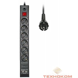 BURO Сетевой фильтр, 6 розеток, 1.8 метров, BURO BU-SP1.8_USB_2A-B, черный (коробка) {992310}