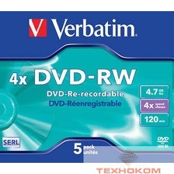43285 Диски DVD-RW Verbatim 4-x, 4.7 Gb (Jewel Case, 5шт.)