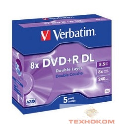 43541 Диски DVD+R Verbatim 8x, 8.5Gb/240min Double Layer (Jewel Case, 5шт.)