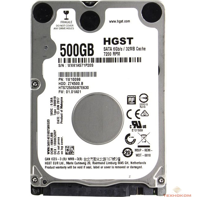 500Gb Hitachi Travelstar Z7K500.B (HTS725050B7E630) {SATA III, 7200 rpm, 32Mb buffer, 2.5", 7mm} [1W10098]