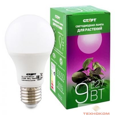 СТАРТ (4680024813723) Светодиодная фито-лампа. Цоколь Е27.  GL LED 9W E27 10/50